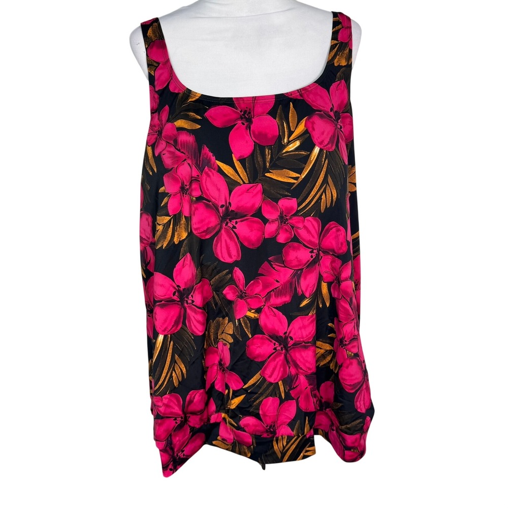 BEACH BELLE SWIMSUITS FOR ALL Women's 26 Pink Black Floral Blouson Tankini Top